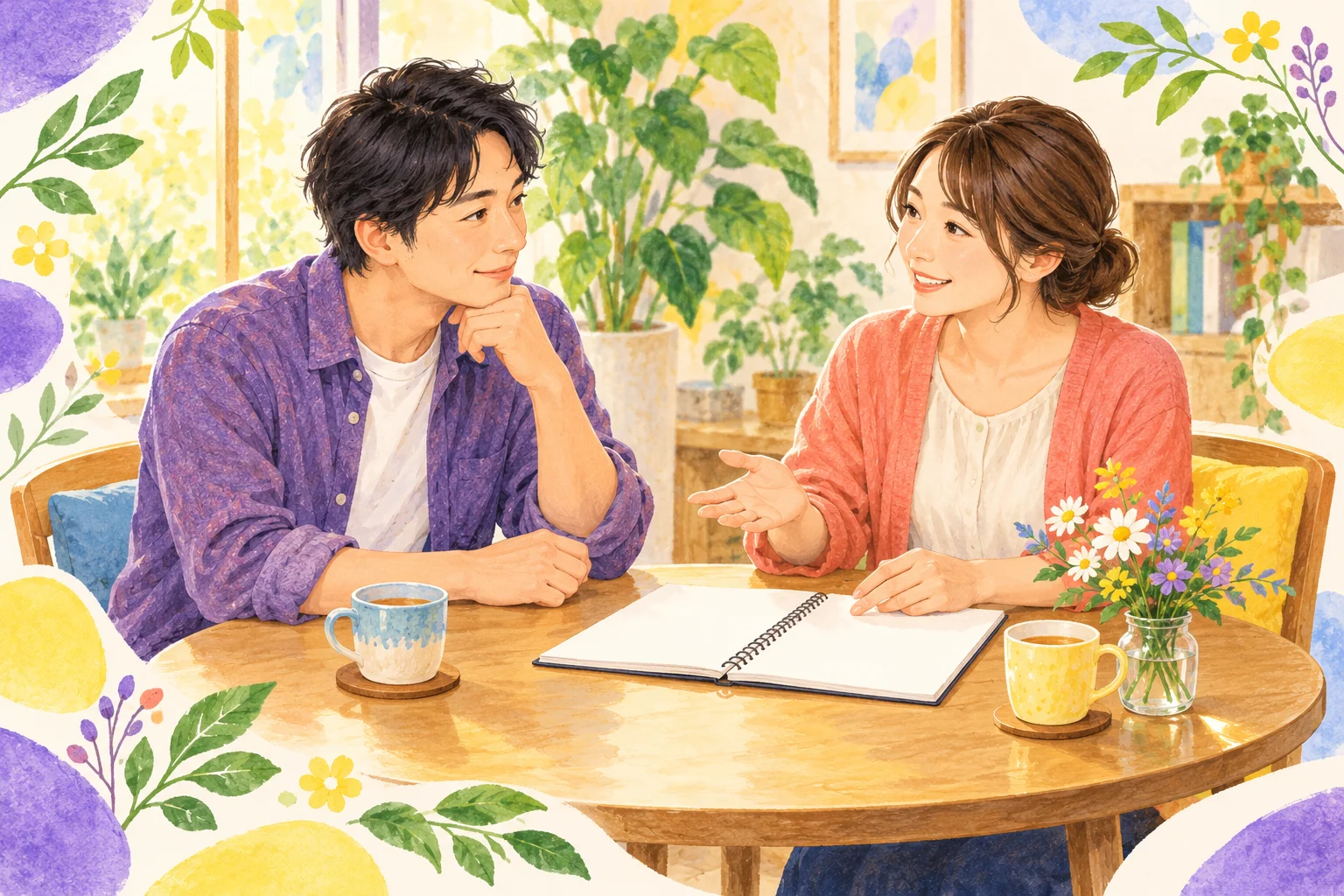 ノートを見ながら暮らしについて相談する大人の男女のイメージイラスト