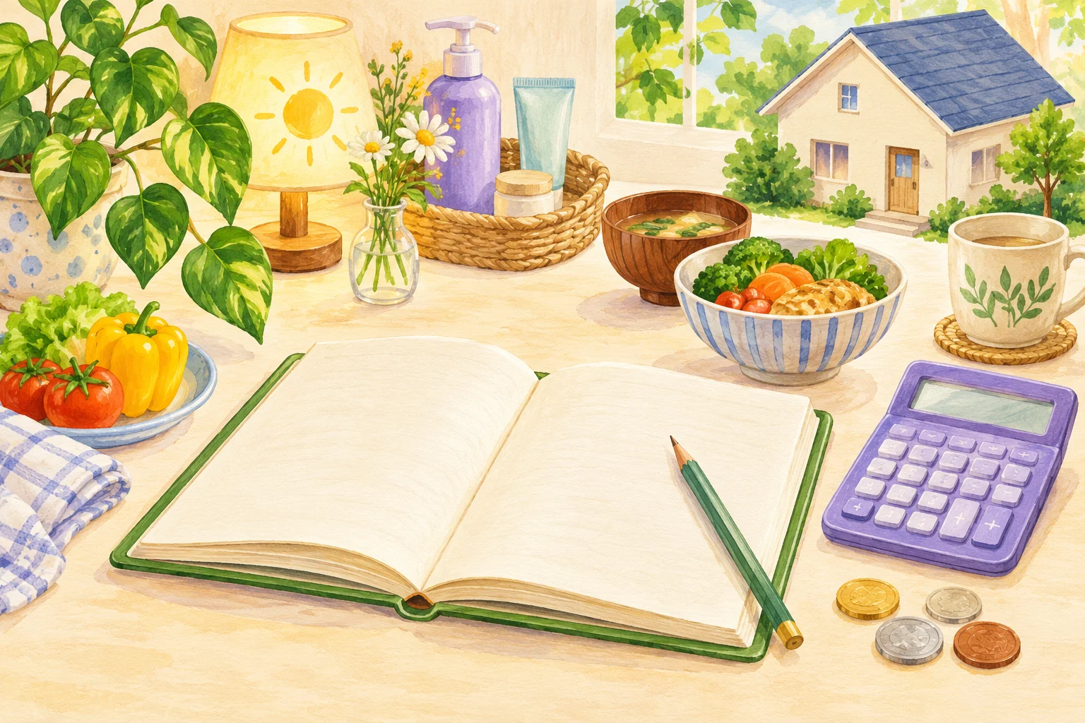 家賃や食費などの生活費を、ノートで整理するイメージイラスト