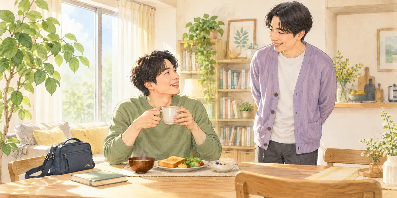朝の支度の合間に支援者と話す暮らしのイメージイラスト