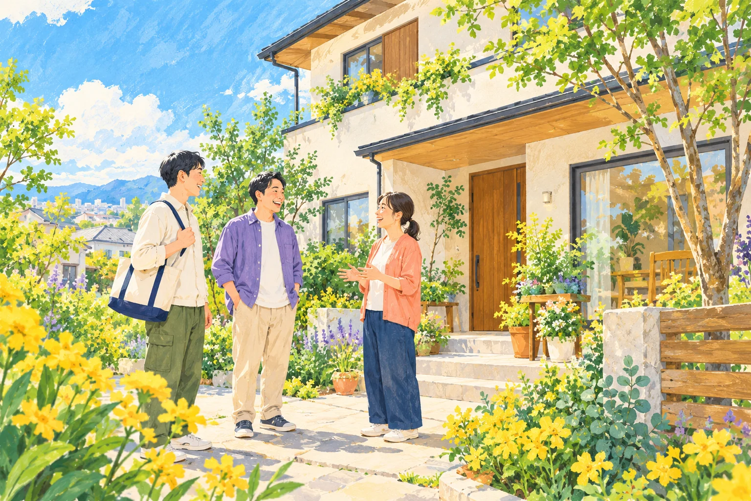 花と緑に囲まれた家の前で、大人の男性たちと支援者が会話する暮らしのイメージイラスト