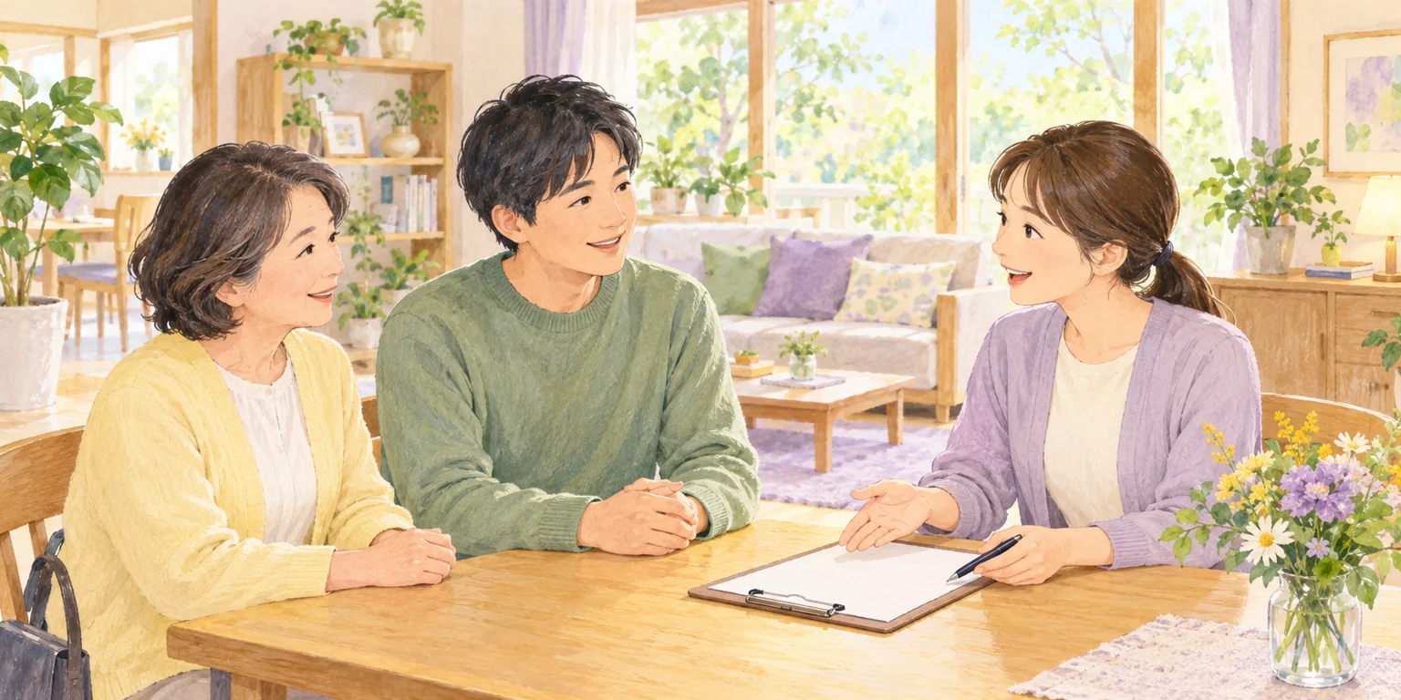 ご本人とご家族が住まいを見学するイメージイラスト